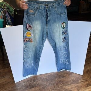 Closet clean out!  Unk Men's Blue Relaxed Jeans with NBA Patches